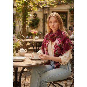 French Provencal 42" Floral Wool Scarf Shawl Red Pink Flowers Small Table Cloth